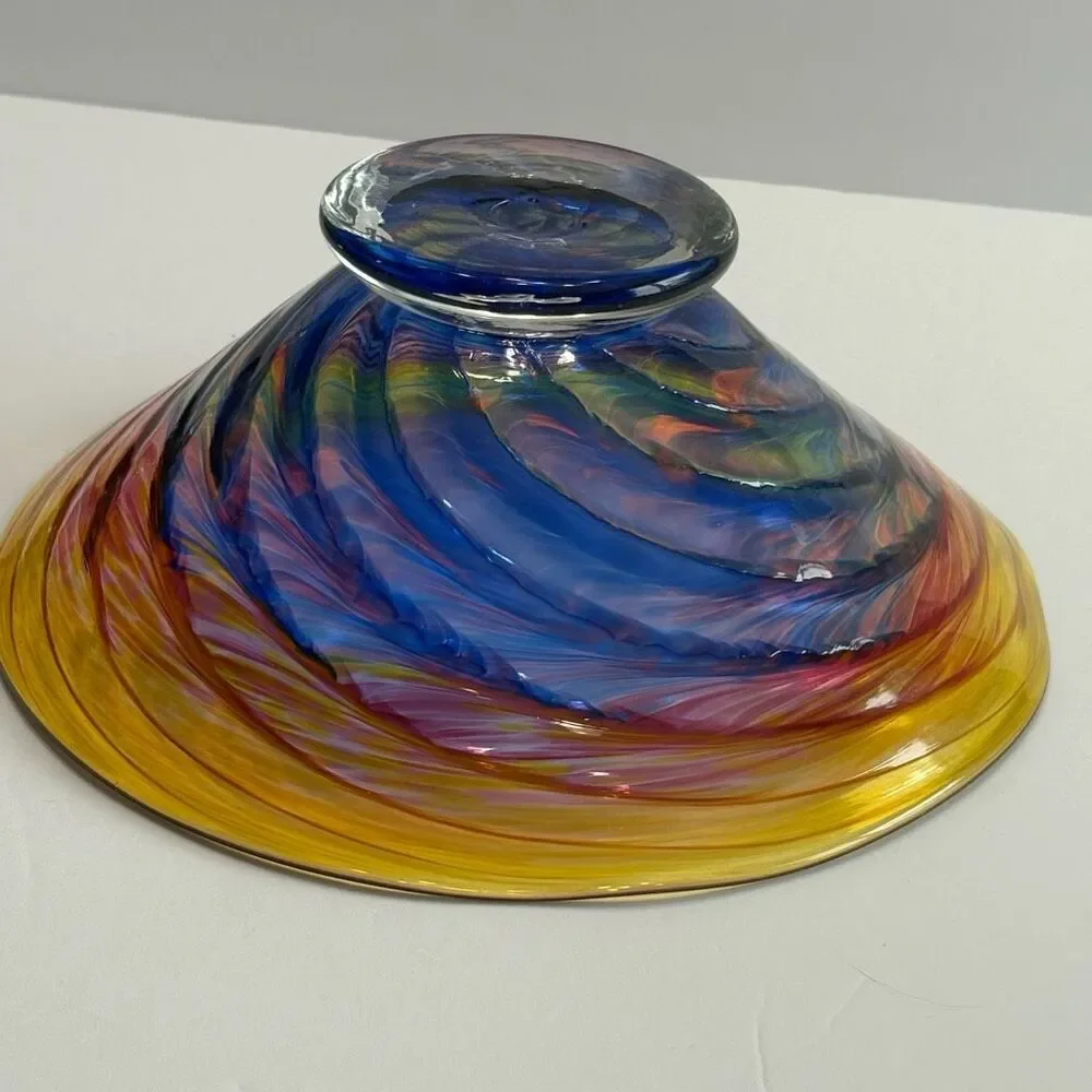 Hand Blown Glass Footed Wide Rim 9” Multicolor Swirl Glass Bowl